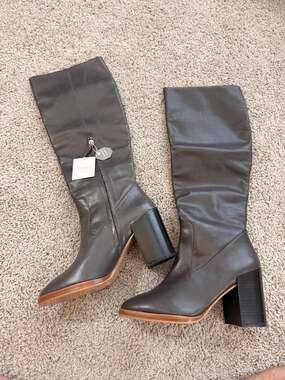 Zara Leather Knee High‎ Boots Womens 7.5 Gray Block Heel Tall Boots NWT